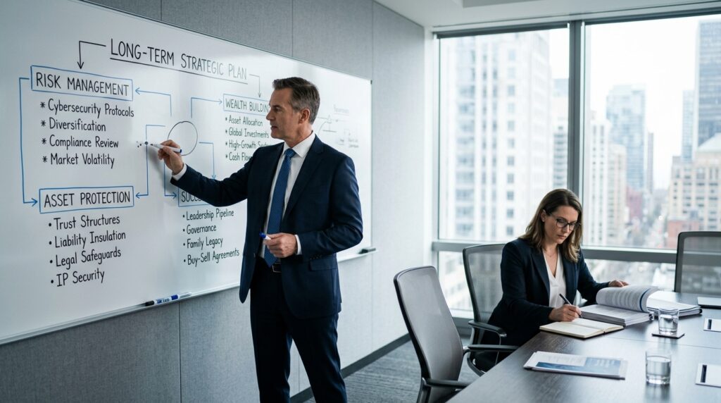 Business executive and advisor mapping a private insurance strategy within a long-term strategic planning framework
