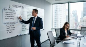 Business executive and advisor mapping a private insurance strategy within a long-term strategic planning framework