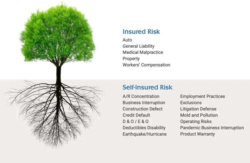 Infographic showing insured risks above and self-insured hidden business risks below the surface — illustrating the coverage gap a POIC addresses
