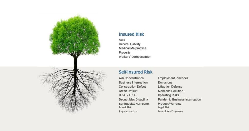 Infographic showing insured risks above and self-insured hidden business risks below the surface — illustrating the coverage gap a POIC addresses